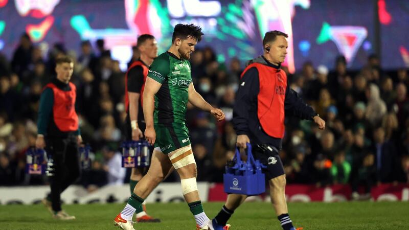 Connacht’s Tom Daly after being shown a red card for a tackle on Leinster’s Ciarán Frawley during the United Rugby Championship match at the Sportsground in Galway. Photograph: Bryan Keane/Inpho