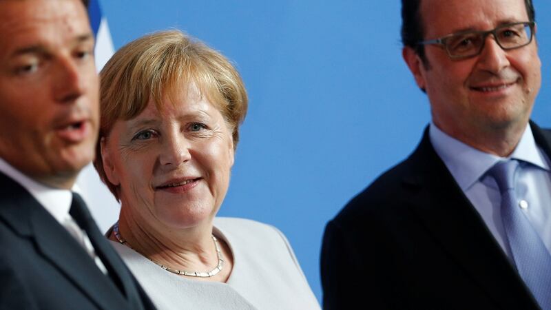German chancellor Angela Merkel (centre), French president Francois Hollande (right) and Italian prime minister Matteo Renzi attend a news conference at the chancellery during discussions on the outcome of the Brexit vote in Berlin, Germany, June 27th, 2016. Photograph: Hannibal Hanschke/Reuters