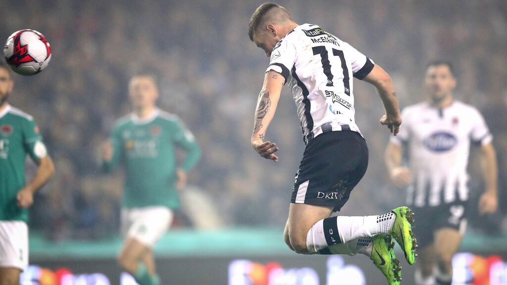 Dundalk’s Patrick McEleney scores their second goal of the game during the FAI Cup final win over Cork City. Photo: Ryan Byrne/Inpho