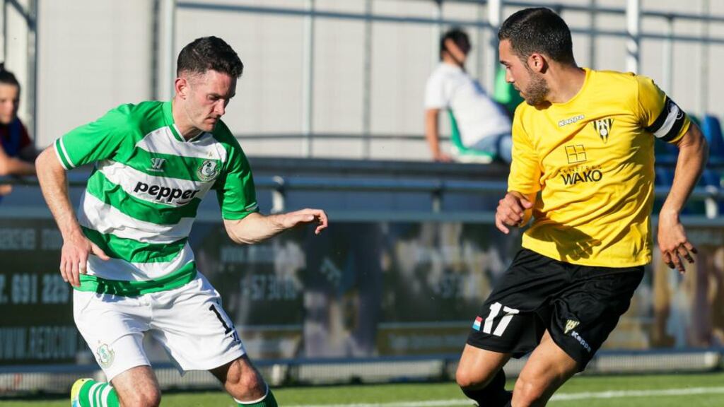 Shamrock Rovers Kieran Marty Waters faces David Soares of FC Progrès Niederkorn during the sides’ Europa League Qualifier in Luxembourg this evening. Photo: Fernand Konnen/INPHO