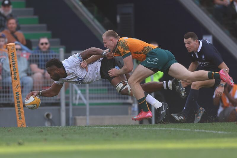 Lekima Tagitagivalu scores a try for Fiji during the Test match against Australia at McDonald Jones Stadium in Newcastle. Photograph: Scott Gardiner/Getty Images