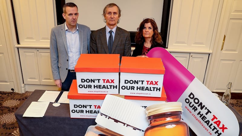Members of the Irish Health Trade Association protesting against plans to tax health supplements. However, the proposed VAT increase doesn’t affect medically advisable vitamin and mineral supplements, but largely non-medical food supplements, sports aids, and slimming aids. Photograph: Maxwell Photography