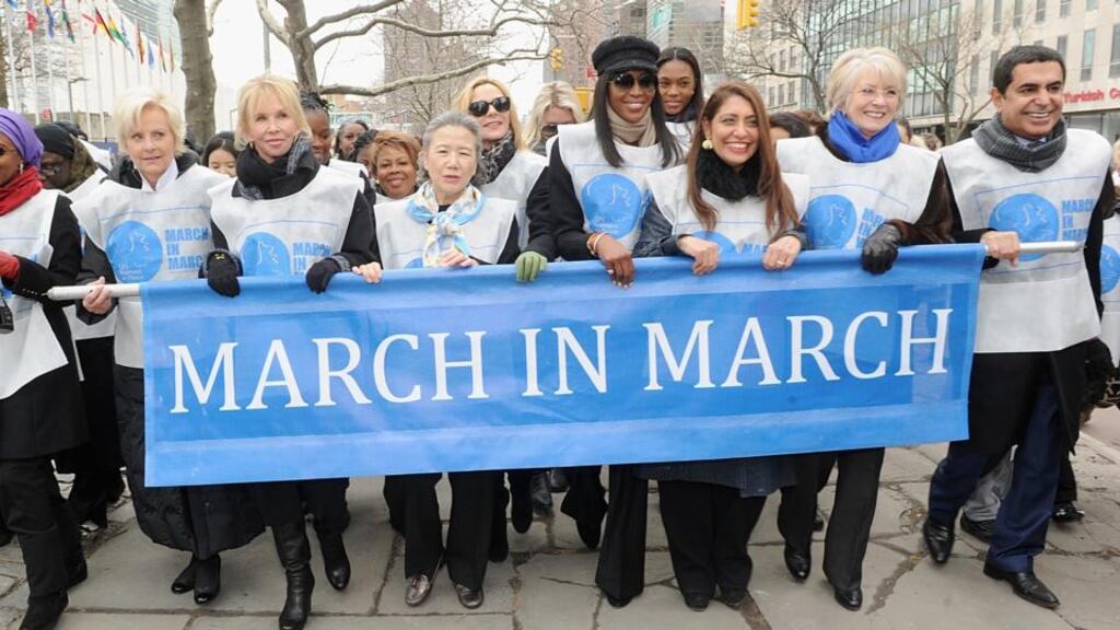 From left: Cindy McCain, Trudy Styler, Ban Soon-Taek, Kim Cattrall, Naomi Campbell, Muna Rihani Al Nasser and Nassir Al-Nasser attend the “March in March” to end violence against women, at The United Nations last week on International Women’s Day. Photograph: Jamie McCarthy/Getty Images