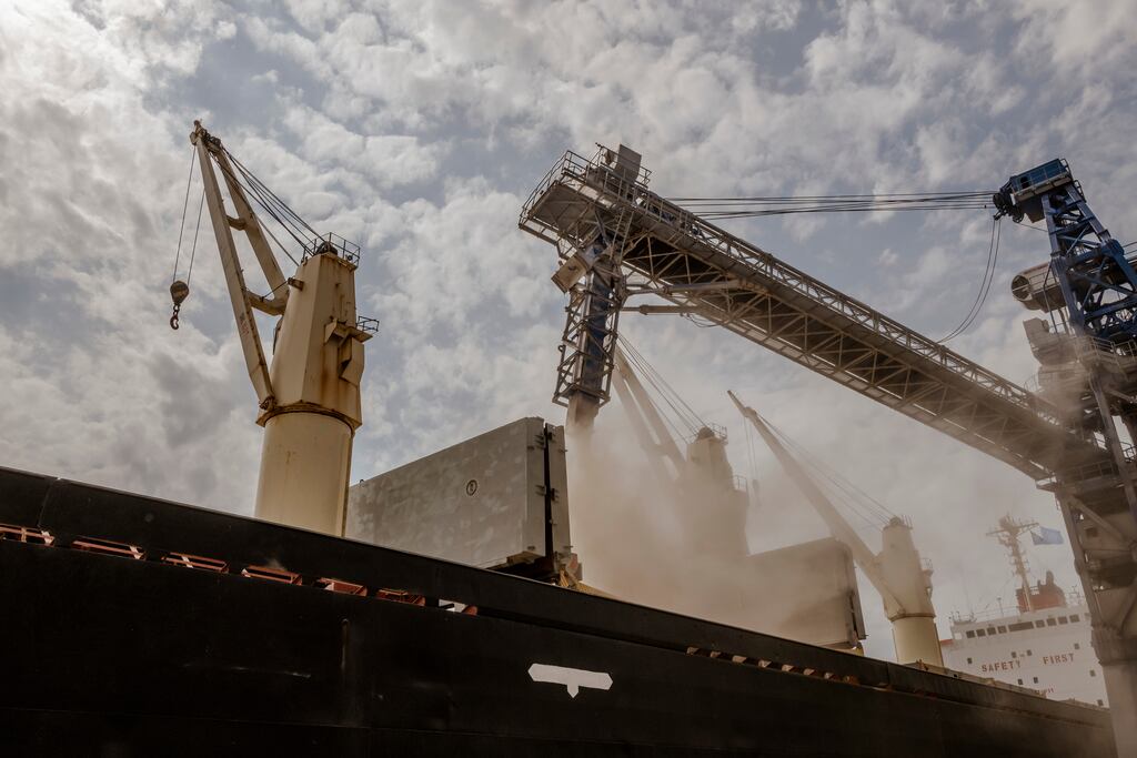 The Brave Commander, a cargo vessel chartered by the World Food Programme, is loaded with wheat grain at a port near Odesa, Ukraine. Photograph: Daniel Berehulak/New York Times