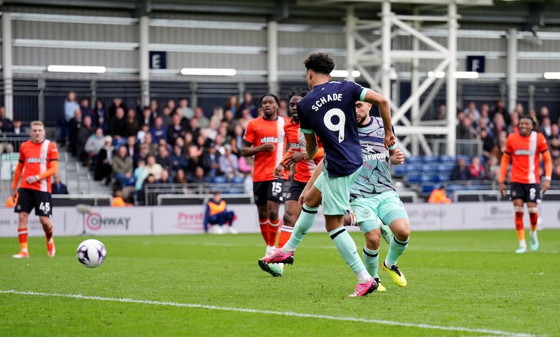 Brentford's Kevin Schade scores his sides fifth goal against Luton. Photograph: John Walton/PA Wire