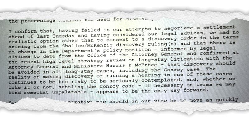 An excerpt from Department of Health correspondence with the Chief State's Solicitor Office, dating back to May 2017, on how to handle on a "long-stay" legal claim.