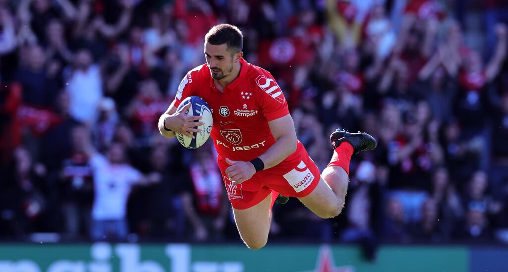 Thomas Ramos dives to score a try during the Heineken Champions Cup match between Toulouse and Sharks at Stade Ernest Wallon earlier this month. Photograph by David Rogers/Getty Images