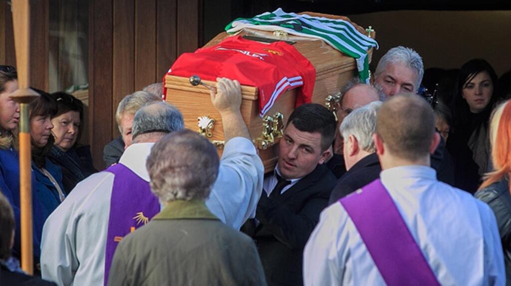The remains of Martin Finn leave St Matthew’s Church following his funeral in Cherry Orchard, Dublin. Photograph: Gareth Chaney/Collins