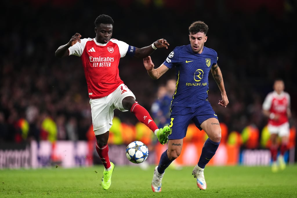 Arsenal's Bukayo Saka in action against Atletico Madrid's Matteo Ruggeri. Photograph: John Walton/PA