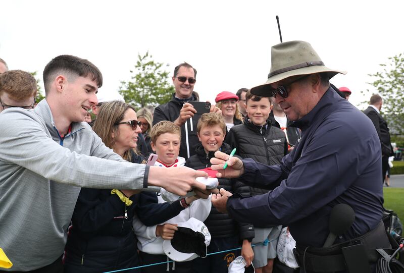 Commentator and former golfer Wayne Riley of Australia signs autographs on day one of the JP McManus Pro-Am at Adare Manor in Limerick. Photograph: Oisín Keniry/Getty