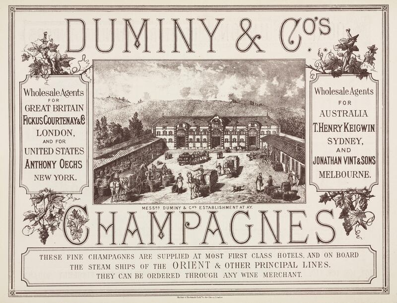 An advertisement for Duminy & Co, wholesale agents of champagne, purchased by Jacques Bollinger in 1936. Photograph: SSPL/Getty Images