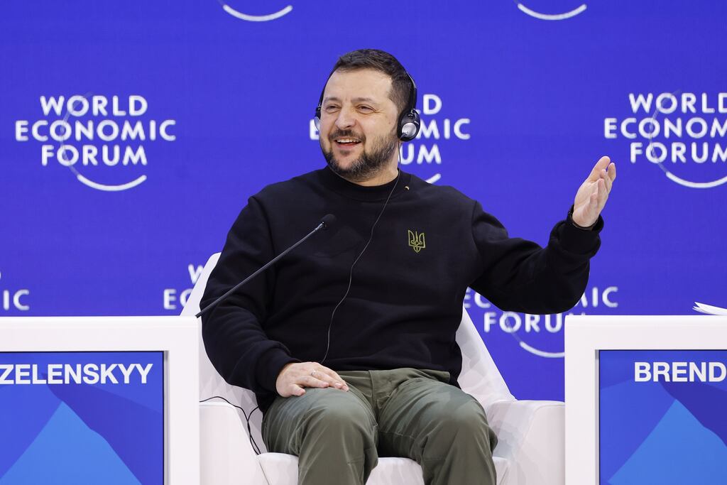 Volodymyr Zelenskiy, Ukraine's president, following his special address on the opening day of the World Economic Forum (WEF) in Davos, Switzerland. Photographer: Stefan Wermuth/Bloomberg