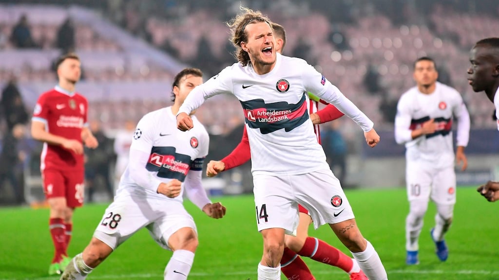 FC Midtjylland’s Alexander Scholz celebrates after scoring his side’s equaliser in the Champions League Group D match against Liverpool in Herning. Photograph: Bo Amstrup/Ritzau Scanpix/AFP via Getty Images