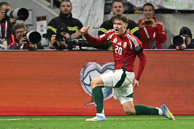 Hungary forward Zsombor Gruber celebrates after scoring a late goal in the World Cup qualifier against Armenia at the Puskas Arena in Budapest. Photograph: Attila Kisbenedek/AFP via Getty Images