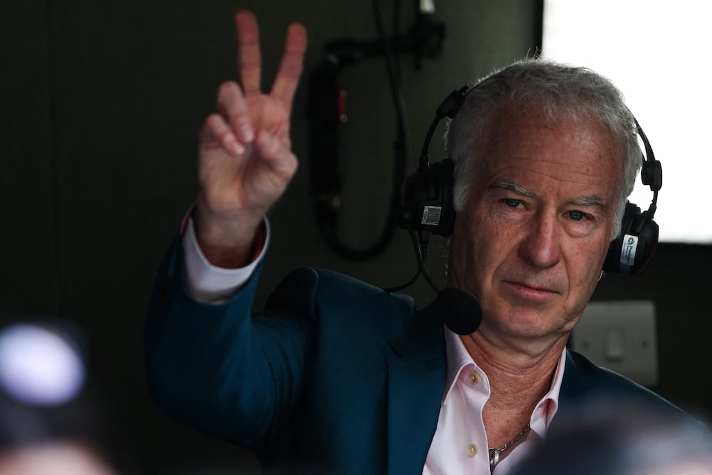 US former tennis player John McEnroe commentating on the men's final at Wimbledon. Photo graph: Adrian Dennis/AFP via Getty Images