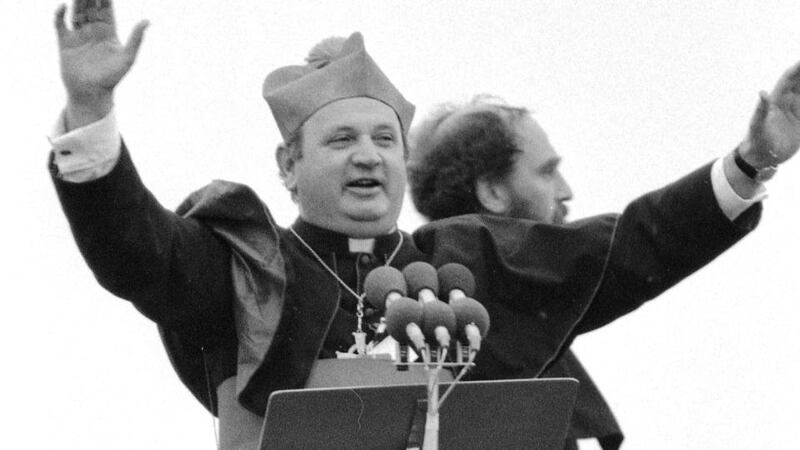 Duped: Bishop Eamonn Casey and Fr Michael Cleary entertain the crowd before Pope John Paul II’s arrival in Galway in 1979. Photograph: Peter Thursfield