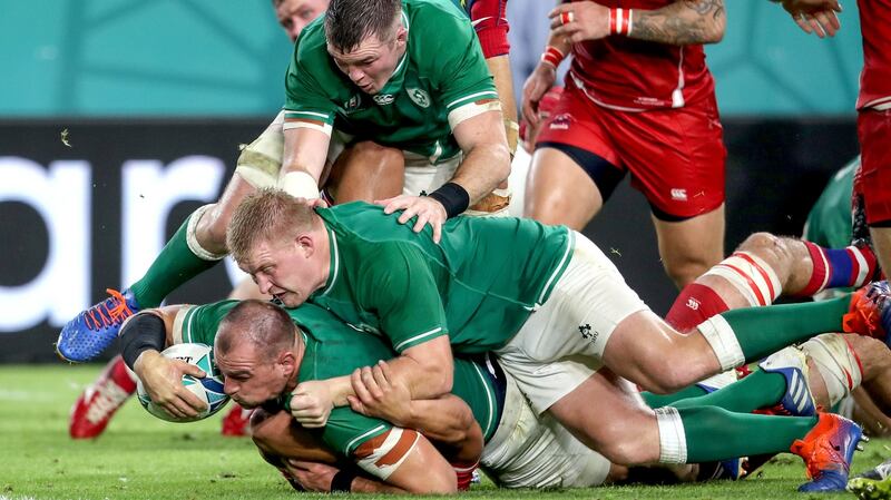 Ireland’s Rhys Ruddock scores his side’s  third try against Russia  supported by John Ryan and Peter O’Mahony.  “The World Cup, Ryan says, “was a goal and a real privilege”. Photograph: Dan Sheridan/Inpho