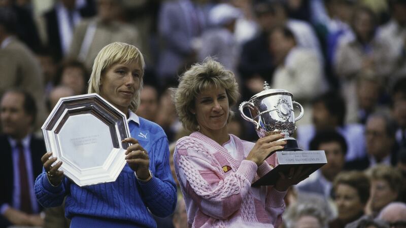 Chris Evert witrh Martina Navratilova after her seventh and final French Open women’s singles victory. Photograph: Trevor Jones/Getty