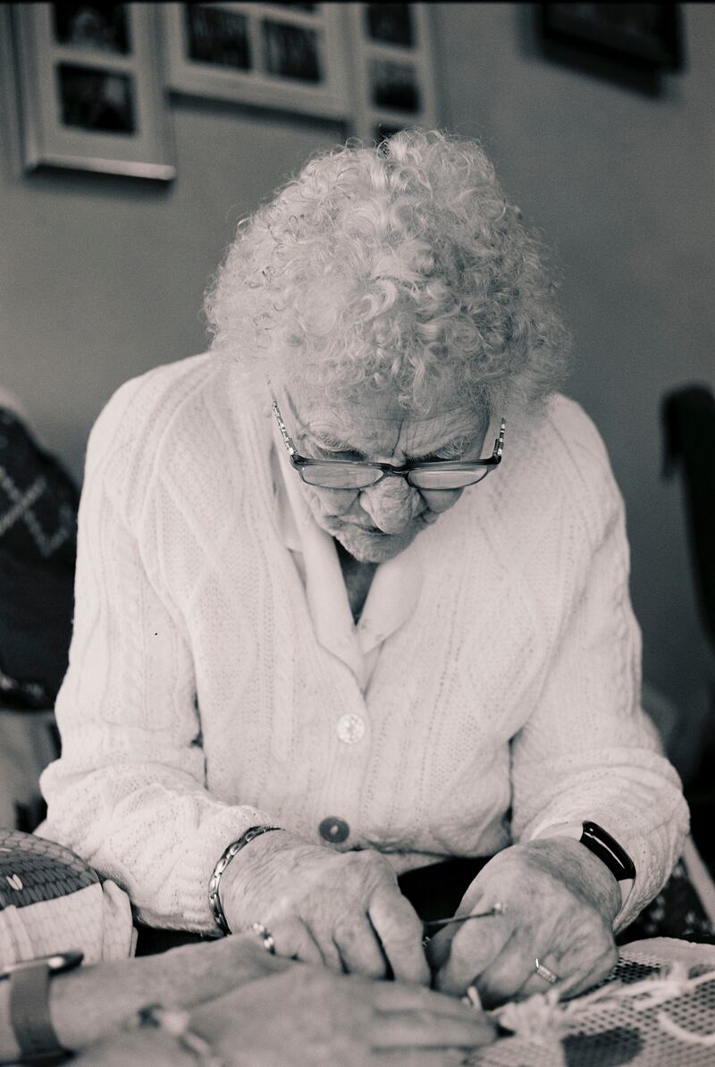 Josie O’Brien sewing at her home in Tulla, Co Clare. Photograph: Myrium Riand