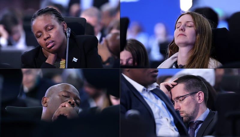 This combination of photos shows participants snoozing during the closing session of the Cop27 climate conference in Egypt. Photograph: Joseph Eid/AFP via Getty Images
