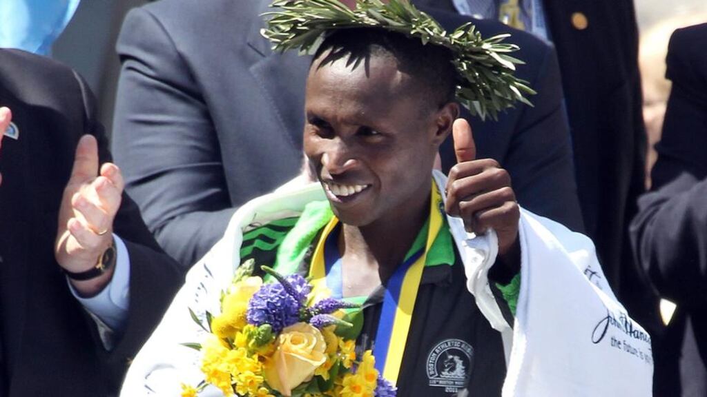 Geoffrey Mutai, a several-time champion and record-breaker, is the book’s cohering factor: his story of will, triumph and elusive glory keeps the pace from starting gun to finishing line. Photograph: Jim Rogash/Getty Images