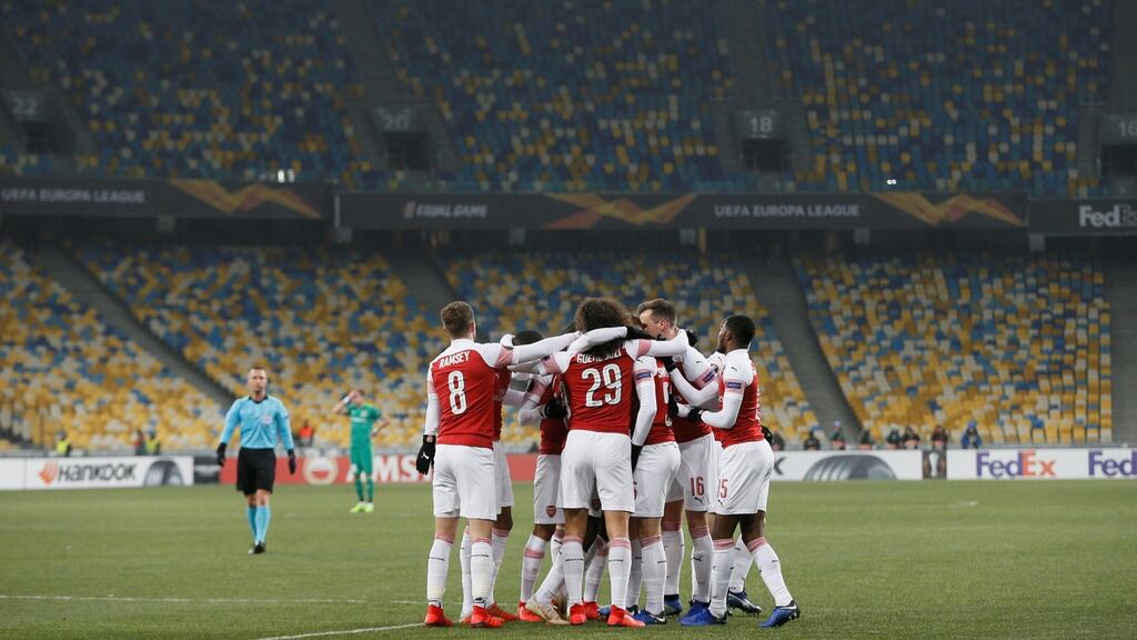 Arsenal celebrate Emile Smith Rowe’s opener against Vorskla Poltava in Kiev. Photograph: Valentyn Ogirenko/Reuters