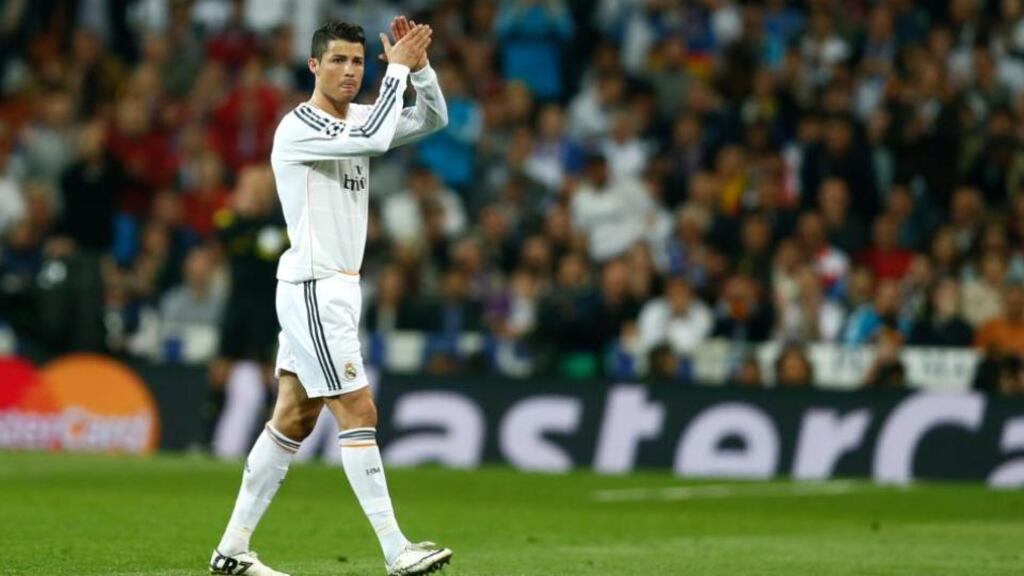 Cristiano Ronaldo claps to Real Madrid supporters as he leaves the pitch during the Champions League semi-final first leg against Bayern Munich at the Santiago Bernabeu stadium in Madrid,. Photograph: Andres KudackiAP Photo