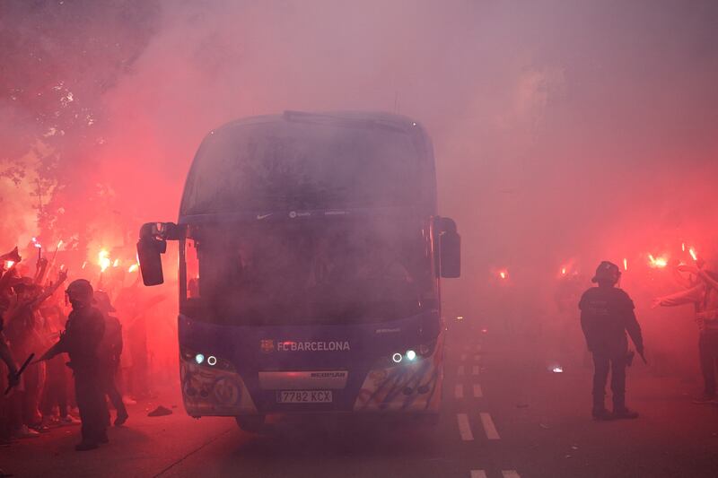 Before Tuesday night’s Champions League tie against PSG, Barça fans accidentally stoned their own team bus. Photograph: Josep Lago/AFP via Getty Images