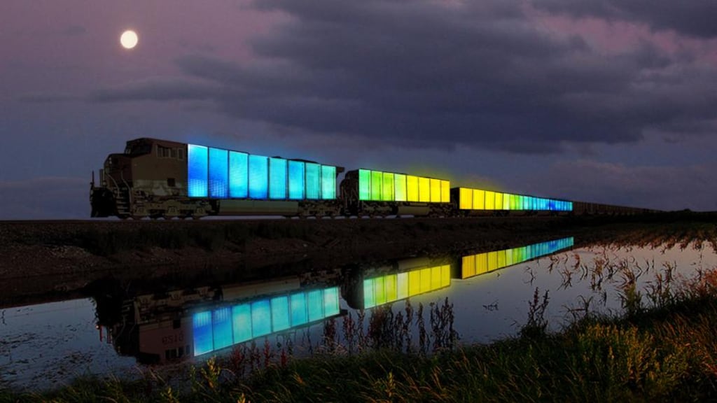 Doug Aitken’s ’kinetic light sculpture’, fixed to the train which traveled from New York to San Francisco