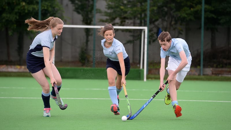 Students from Newpark, Ava Paul, Dara Rankin and Oran O’Sullivan, at the Irish Life Health launch of Schools Fitness Challenge 2017. Photograph: Dara Mac Dónaill