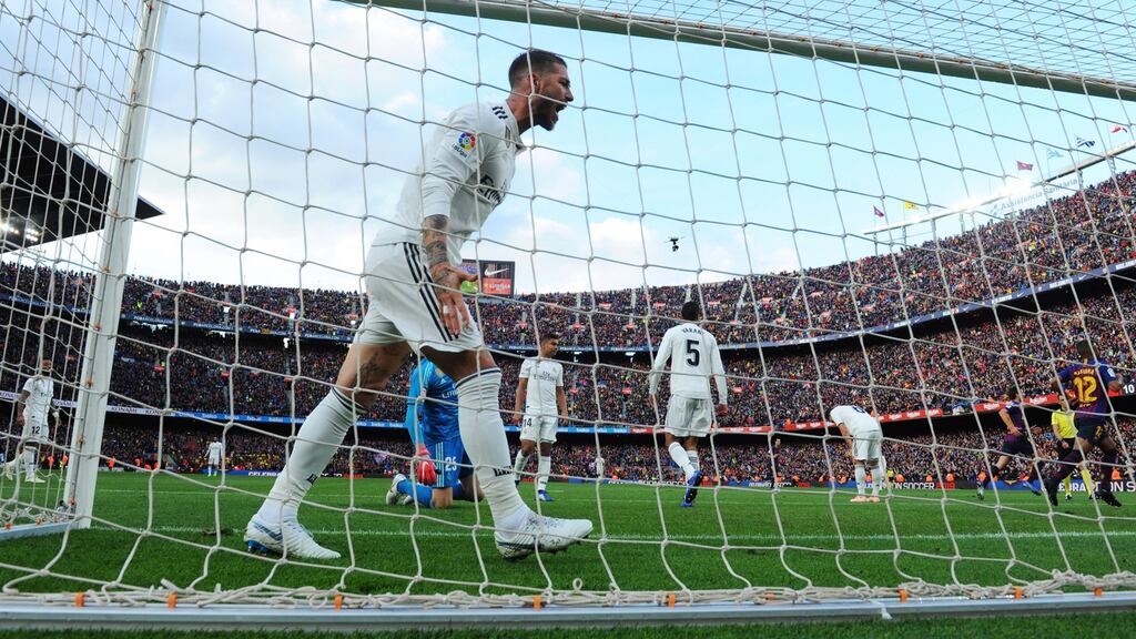 Sergio Ramos of Real Madrid reacts as Philippe Coutinho of Barcelona scores his side’s first goal in a 5-1 thrashing. Photograph: Alex Caparros/Getty Images