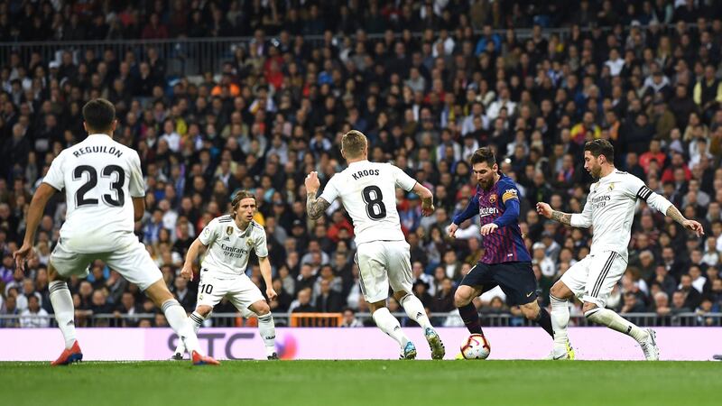 Lionel Messi during Barcelona’s clash with Real Madrid at the Bernabeu in March. Photograph: David Ramos/Getty