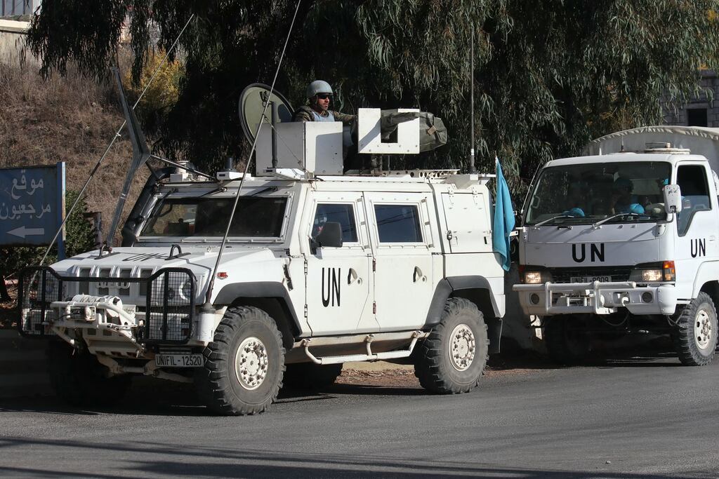 A Unifil patrol near the southern Lebanese village of Marjayoun, amid the ongoing conflict between Israel and Hezbollah. Photograph: Rabih Daher/AFP via Getty Images