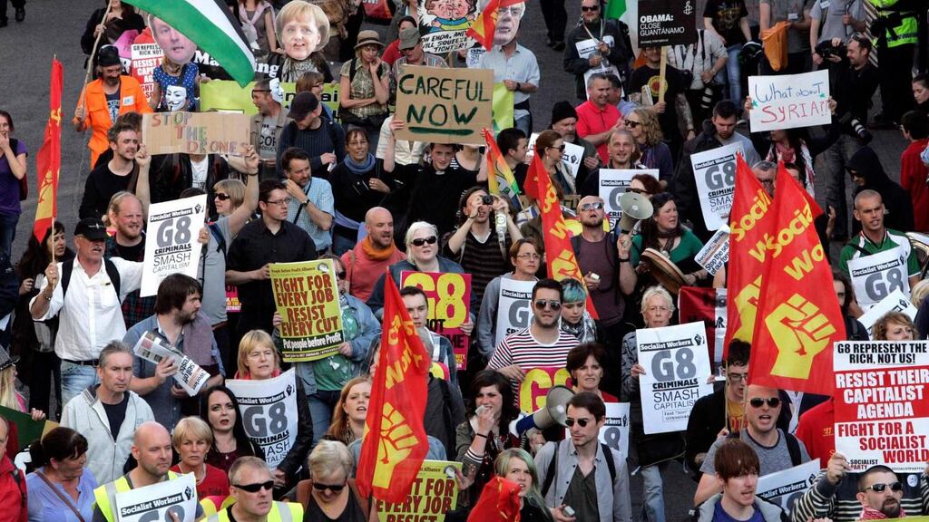 Hundreds gather to protest on the streets of Enniskillen during the 39th G8 summit at Lough Erne Golf Resort in Northern Ireland. Photograph: Photocall