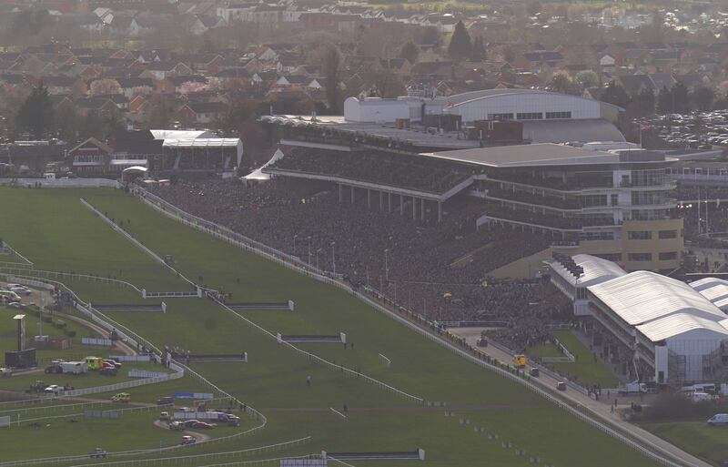 The packed grandstands as seen from Cleeve Hill as Galopin Des Champs ridden by Paul Townend wins the Cheltenham Gold Cup in 2023. Photograph: Jacob King/PA