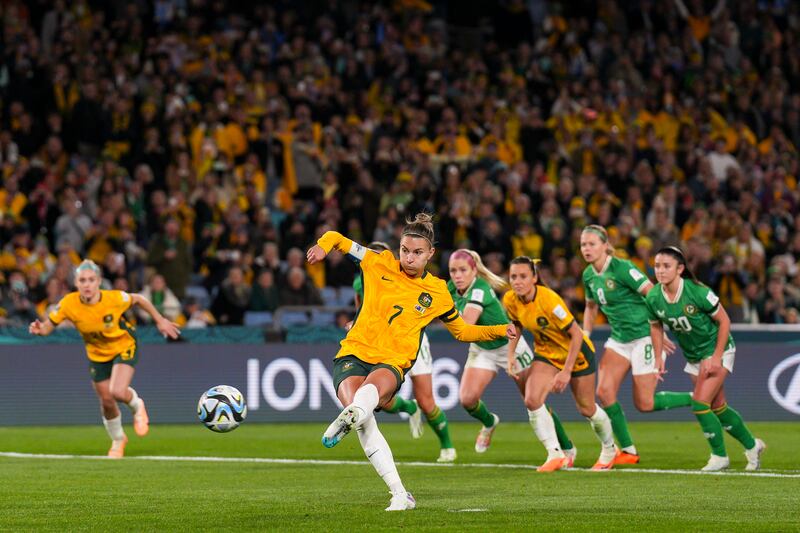 Australia's Steph Catley scores from the penalty spot during the World up opener against Ireland at Stadium Australia. Photograph: PA Wire