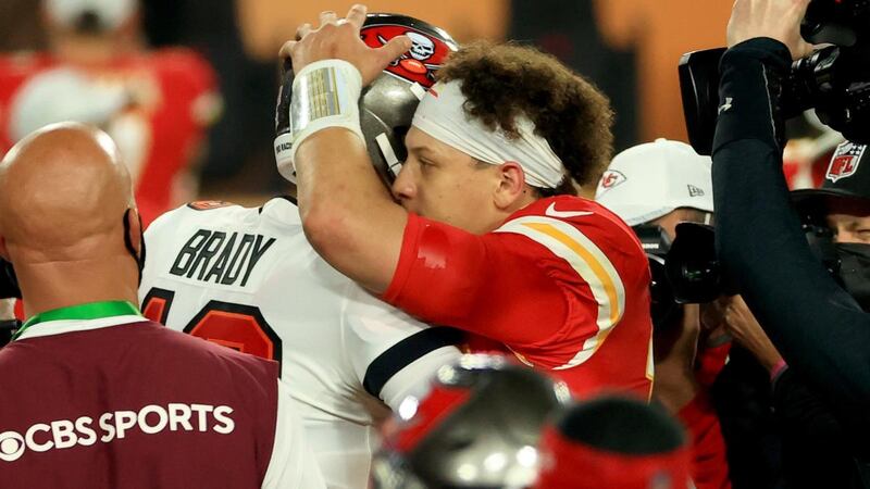 Tom Brady with Patrick Mahomes after the Super Bowl in Florida. Photograph: Mike Ehrmann/Getty