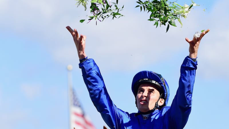 William Buck celebrates after riding Wuheida to victory in the Breeders’ Cup Filly & Mare Turf race at Del Mar Race Track , California. Photograph: Harry How/Getty Images