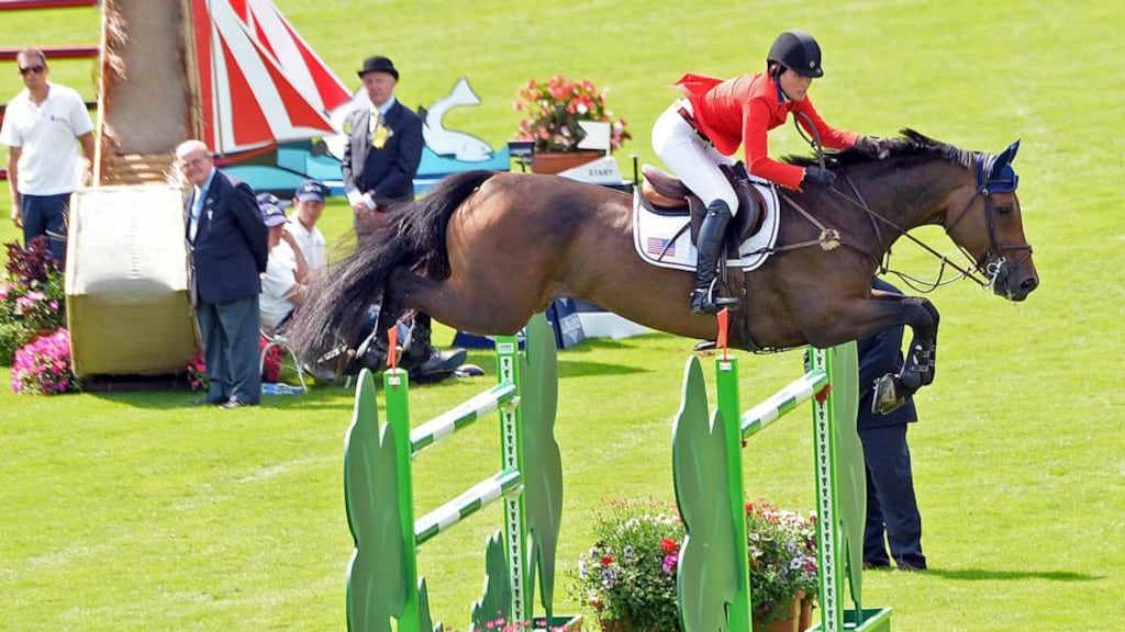 Jessica Springsteen (USA), daughter of Bruce Springsteen, on Davendy S, in the Speed stakes No 1. Entries for the horse show’s 125 competitions and classes were up by 5 per cent this year. Photograph: Eric Luke