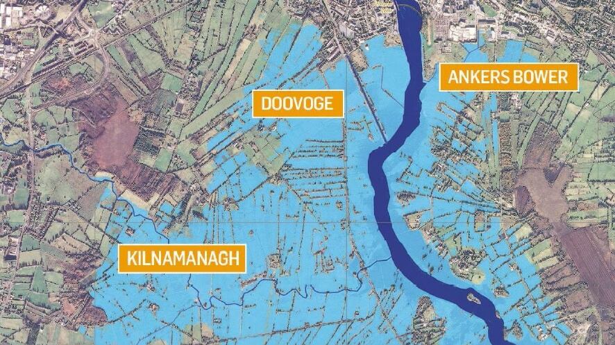 A satellite image showing Athlone town - the light blue areas indicate flooding and the River Shannon can be seen in dark blue. Photograph: Copernicus Emergency Management Service