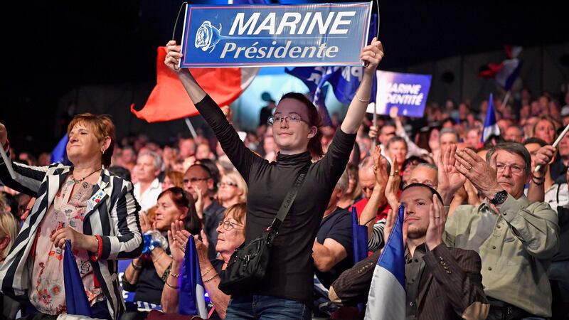 Supporters of French presidential candidate Marine Le Pen at her campaign rally in Marseille on Wednesday night. Photograph: Jeff J Mitchell/Getty Images