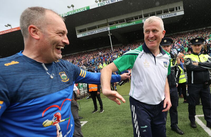 Tipperary’s manager Liam Cahill and manager John Kiely of Limerick after the game. Photograph: James Crombie/Inpho