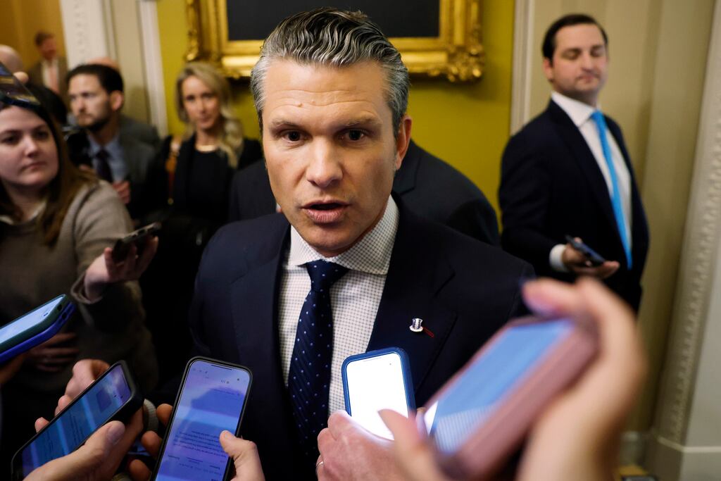 Defence secretary nominee Pete Hegseth speaks to reporters after meeting Senate minority whip John Thune at the US Capitol. Photograph: Anna Moneymaker/Getty Images