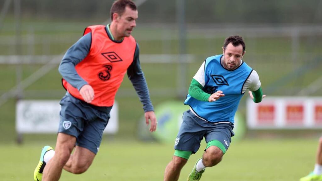 Darron Gibson and Andy Reid during the Republic of Ireland training session at Gannon Park, Malahide, yesterday. Photograph: Donall Farmer/Inpho