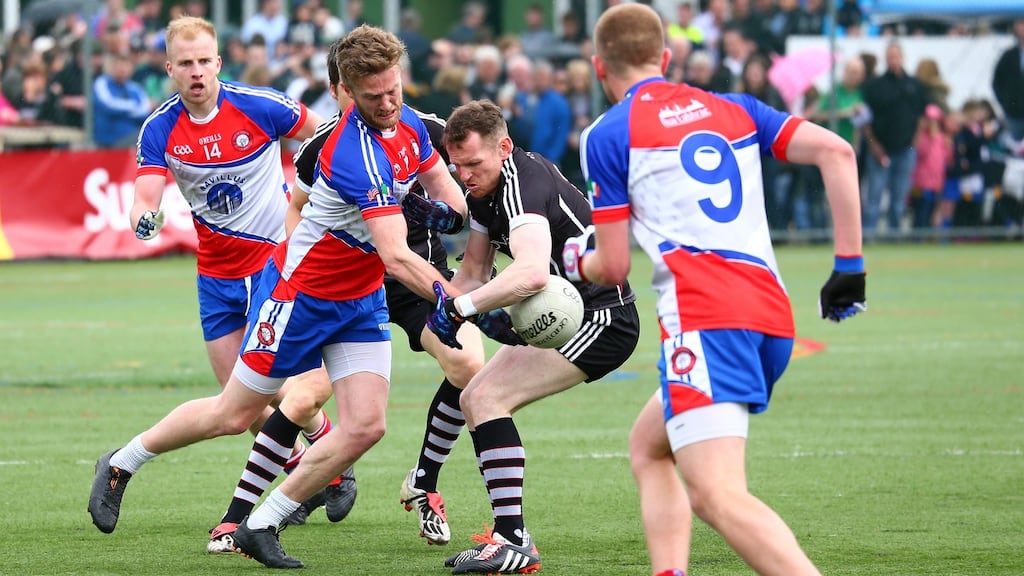 New York and Sligo players battle for the ball during the Connacht SFC game at Gaelic Park, Bronx, New York. Photograph: Andy Marlin/Inpho