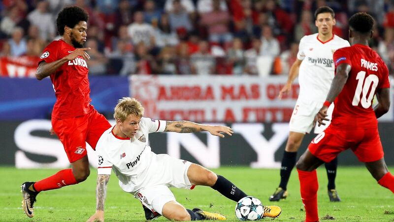 Denmark captain Simon Kjaer in action for Sevilla. Photograph: Julio Munoz/EPA