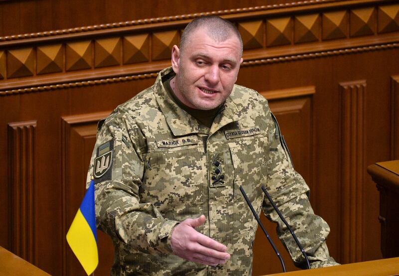Lt Gen Vasyl Malyuk, who leads the SBU, addresses the Ukrainian parliament in Kyiv in 2023. Photograph: Andrii Nesterenko/EPA