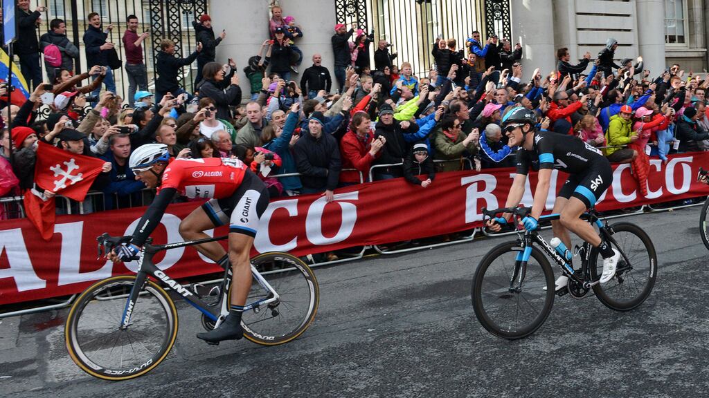 Marcel Kittel crossing the line in front of Government Buildings in Dublin, to win stage three of the Giro d’Italia on May 11th 2014. Photograph: Eric Luke/The Irish Times