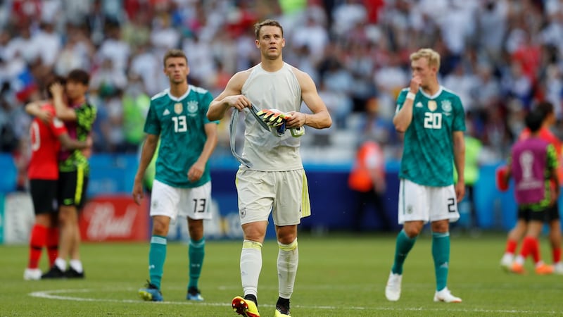 Germany’s Manuel Neuer leaves the pitch dejected they crashed out of the 2018 World Cup with a Group F loss to South Korea. Photo: John Sibley/Reuters