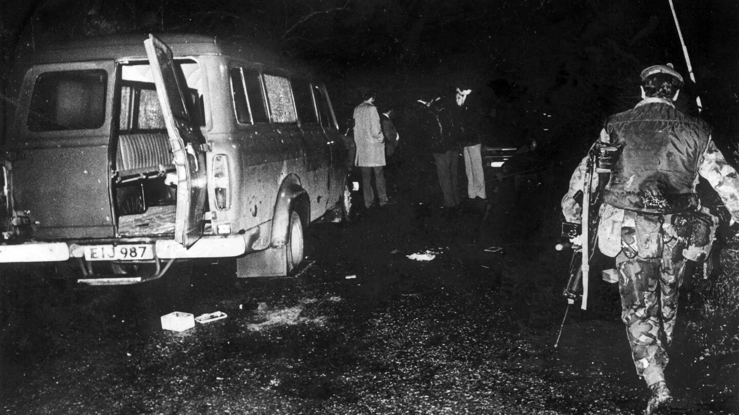 The bullet-riddled minibus at the scene of the massacre of 10 protestant workman shot dead at Kingsmill, Co Armagh, January 5th, 1976. File photograph: Alan Lewis/PhotopressBelfast.co.uk